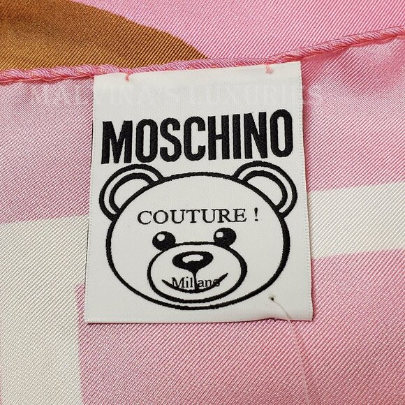 MOSCHINO SCARF PINK PAPER DOLL TEDDY BEAR & LOGO SILK TWILL SQUARE FOULARD 34" - Picture 8 of 9